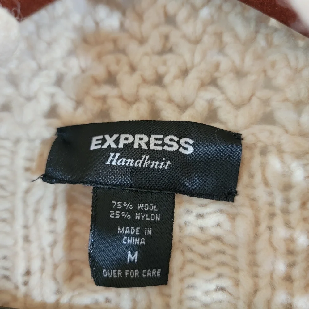 VTG EXPRESS Handknit Tan Wool Blend Cardigan M Eyelet Y2K Cottagecore Festival